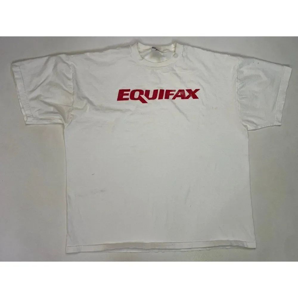 VINTAGE Equifax Graphic T-shirt Men XL White Short Sleeve 90s
